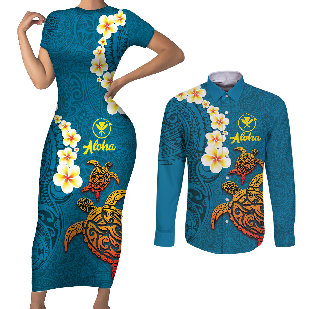Hawaii Turtle Plumeria Flower Couples Matching Short Sleeve Bodycon Dress and Long Sleeve Button Shirt Polynesian Pattern Blue Color LT03 Blue - Polynesian Pride