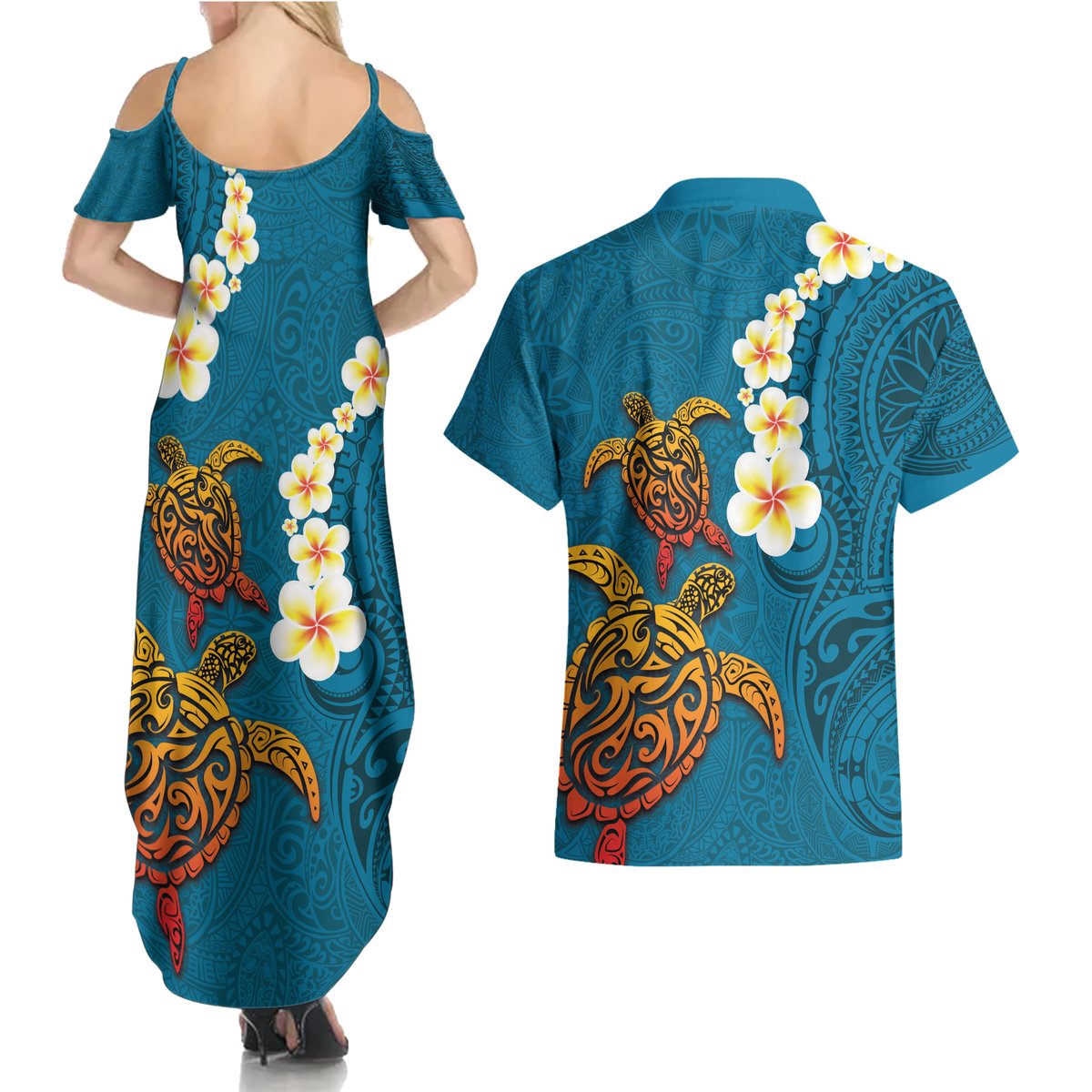 Hawaii Turtle Plumeria Flower Couples Matching Summer Maxi Dress and Hawaiian Shirt Polynesian Pattern Blue Color