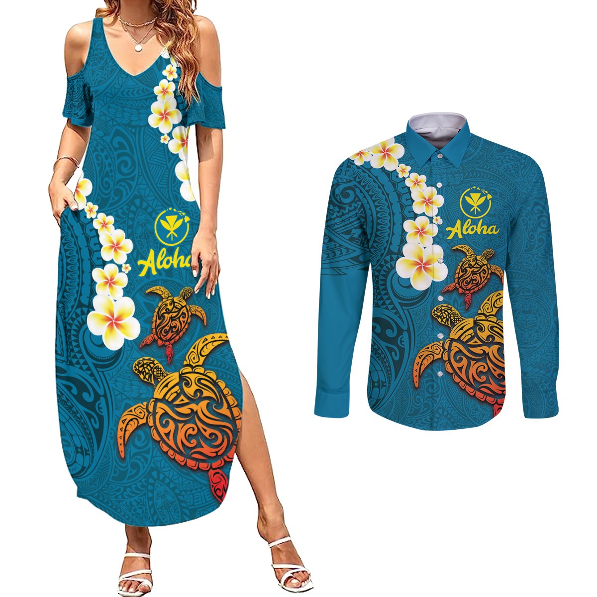 Hawaii Turtle Plumeria Flower Couples Matching Summer Maxi Dress and Long Sleeve Button Shirt Polynesian Pattern Blue Color
