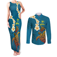 Hawaii Turtle Plumeria Flower Couples Matching Tank Maxi Dress and Long Sleeve Button Shirt Polynesian Pattern Blue Color