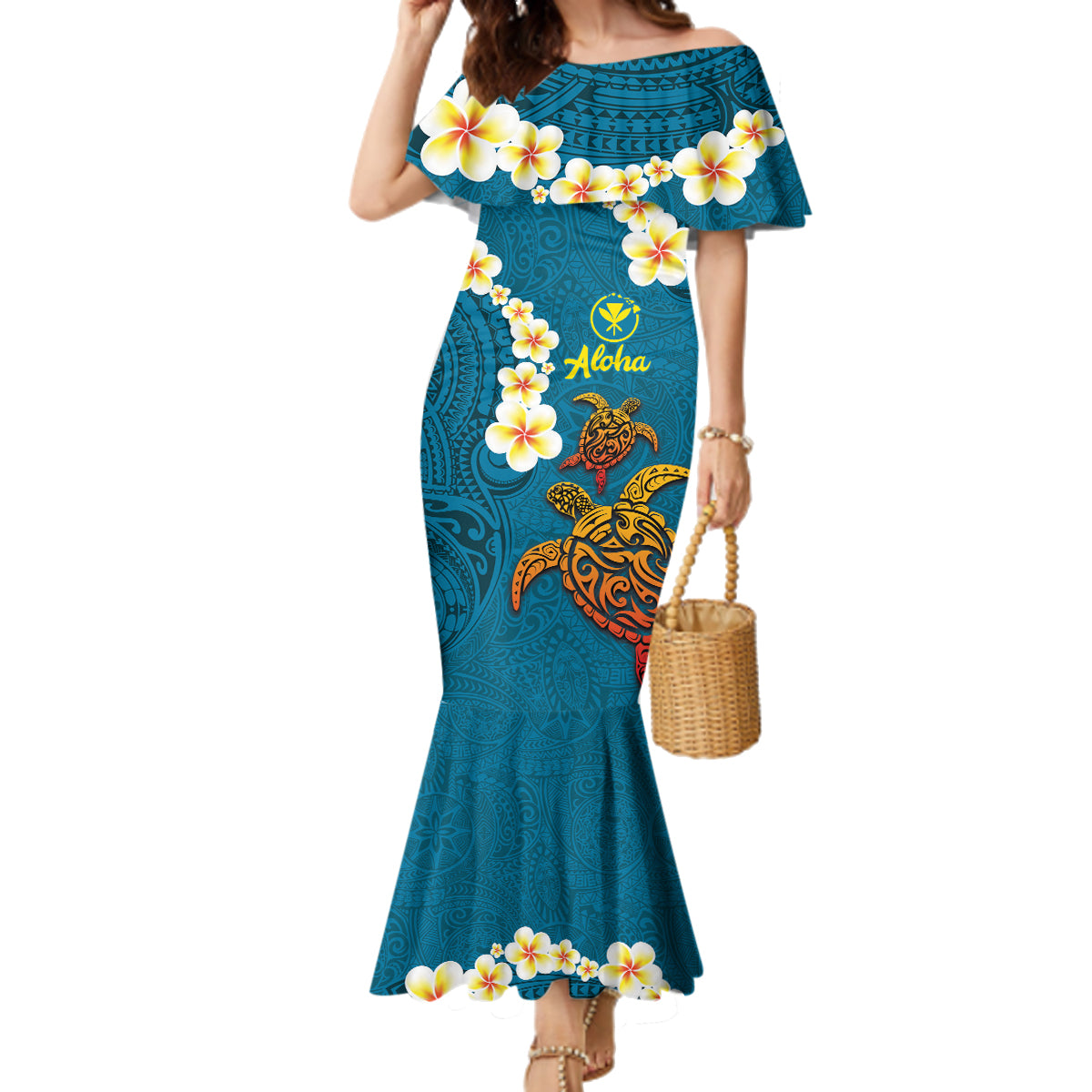 Hawaii Turtle Plumeria Flower Family Matching Mermaid Dress and Hawaiian Shirt Polynesian Pattern Blue Color