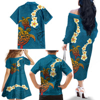 Hawaii Turtle Plumeria Flower Family Matching Off The Shoulder Long Sleeve Dress and Hawaiian Shirt Polynesian Pattern Blue Color