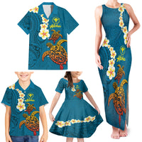 Hawaii Turtle Plumeria Flower Family Matching Tank Maxi Dress and Hawaiian Shirt Polynesian Pattern Blue Color
