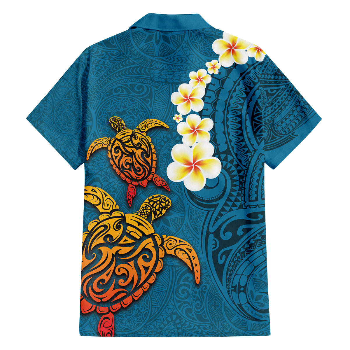 Hawaii Turtle Plumeria Flower Family Matching Tank Maxi Dress and Hawaiian Shirt Polynesian Pattern Blue Color
