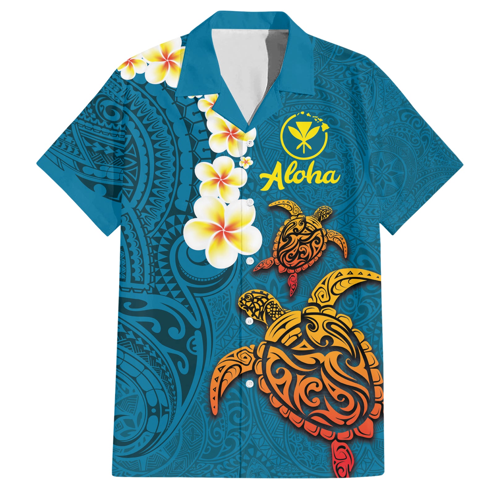 Hawaii Turtle Plumeria Flower Hawaiian Shirt Polynesian Pattern Blue Color