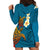 Hawaii Turtle Plumeria Flower Hoodie Dress Polynesian Pattern Blue Color