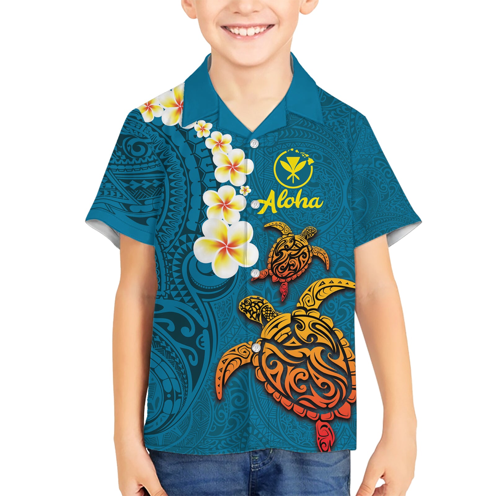 Hawaii Turtle Plumeria Flower Kid Hawaiian Shirt Polynesian Pattern Blue Color