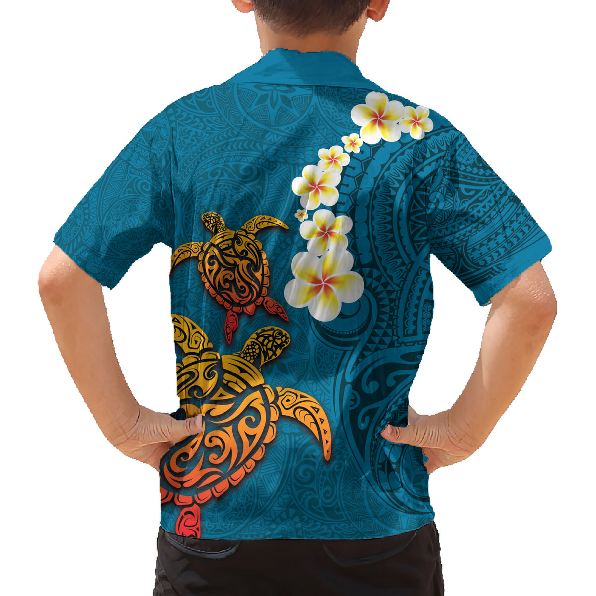 Hawaii Turtle Plumeria Flower Kid Hawaiian Shirt Polynesian Pattern Blue Color
