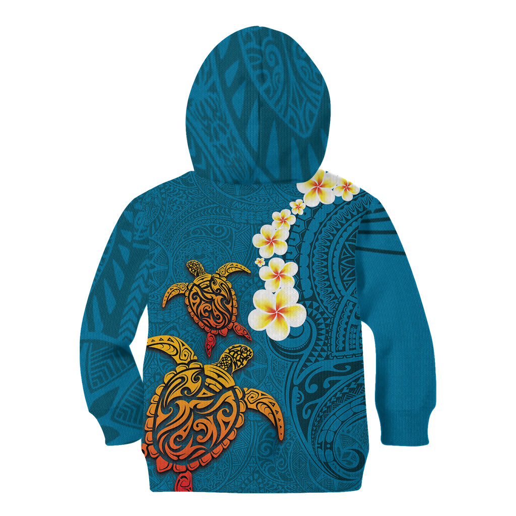 Hawaii Turtle Plumeria Flower Kid Hoodie Polynesian Pattern Blue Color