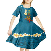 Hawaii Turtle Plumeria Flower Kid Short Sleeve Dress Polynesian Pattern Blue Color