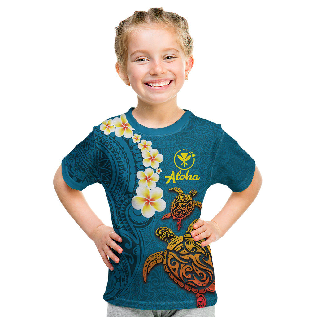 Hawaii Turtle Plumeria Flower Kid T Shirt Polynesian Pattern Blue Color