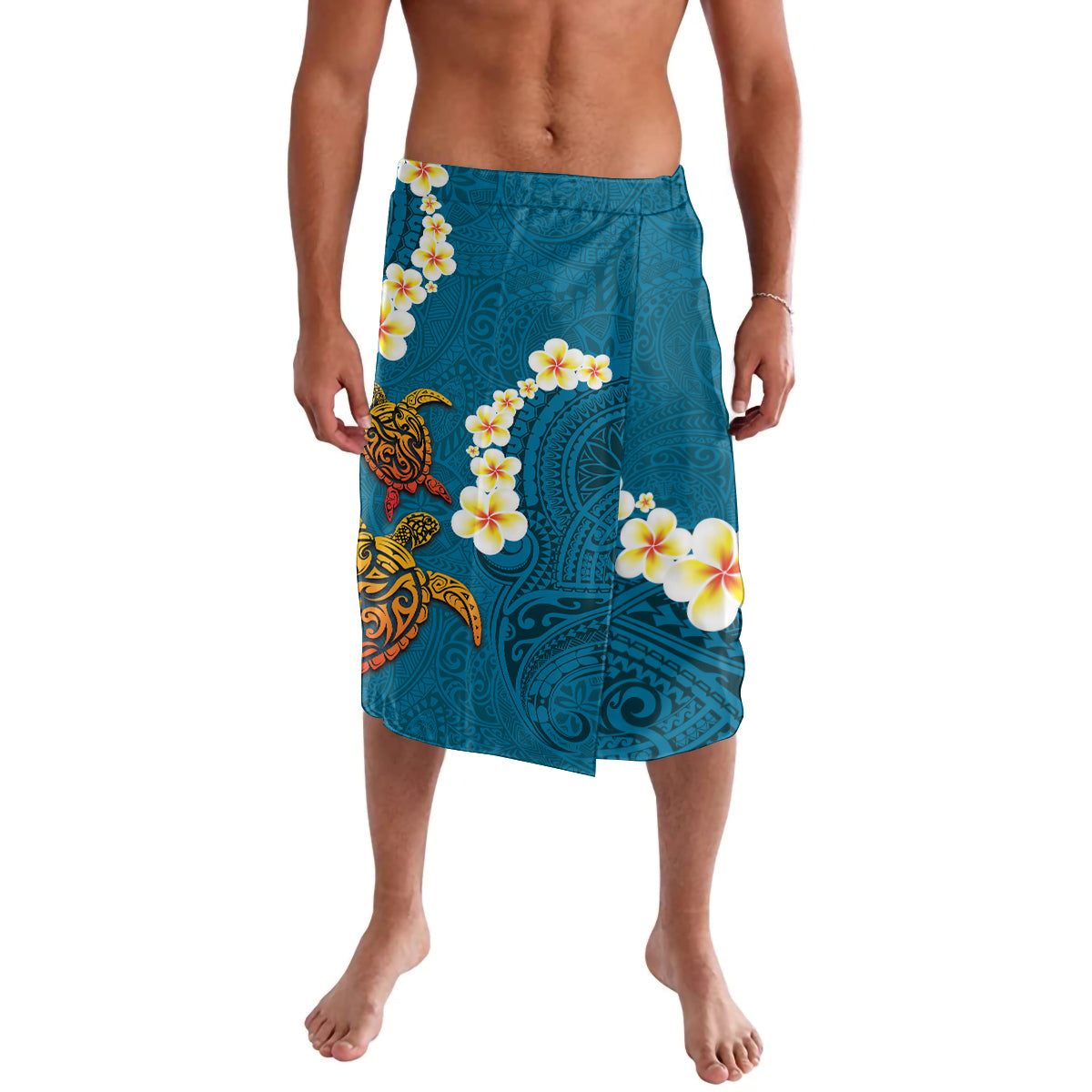 Hawaii Turtle Plumeria Flower Lavalava Polynesian Pattern Blue Color