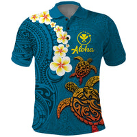 Hawaii Turtle Plumeria Flower Polo Shirt Polynesian Pattern Blue Color