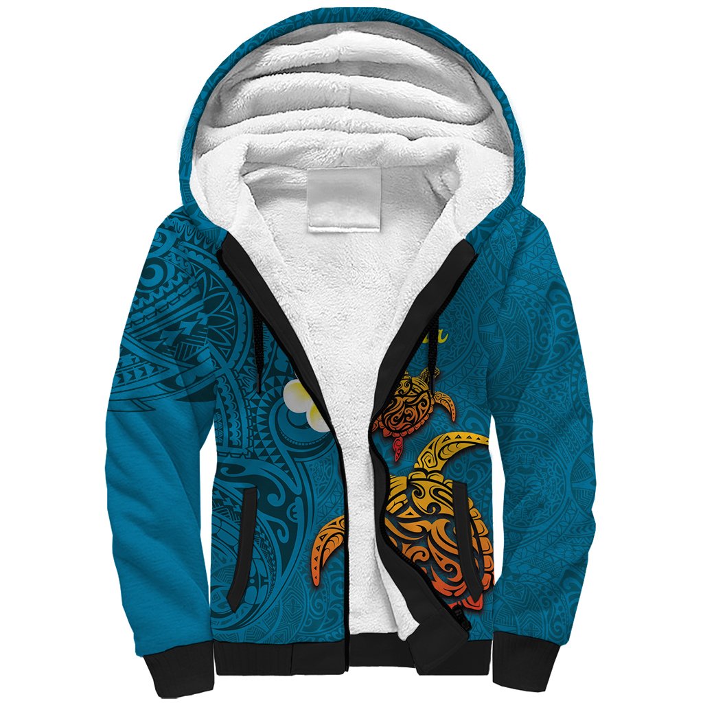 Hawaii Turtle Plumeria Flower Sherpa Hoodie Polynesian Pattern Blue Color