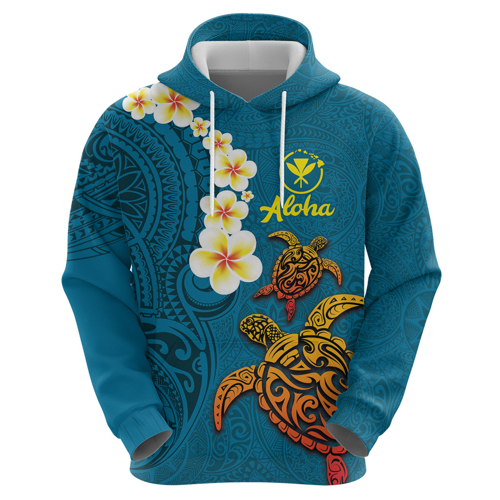 Hawaii Turtle Plumeria Flower Zip Hoodie Polynesian Pattern Blue Color