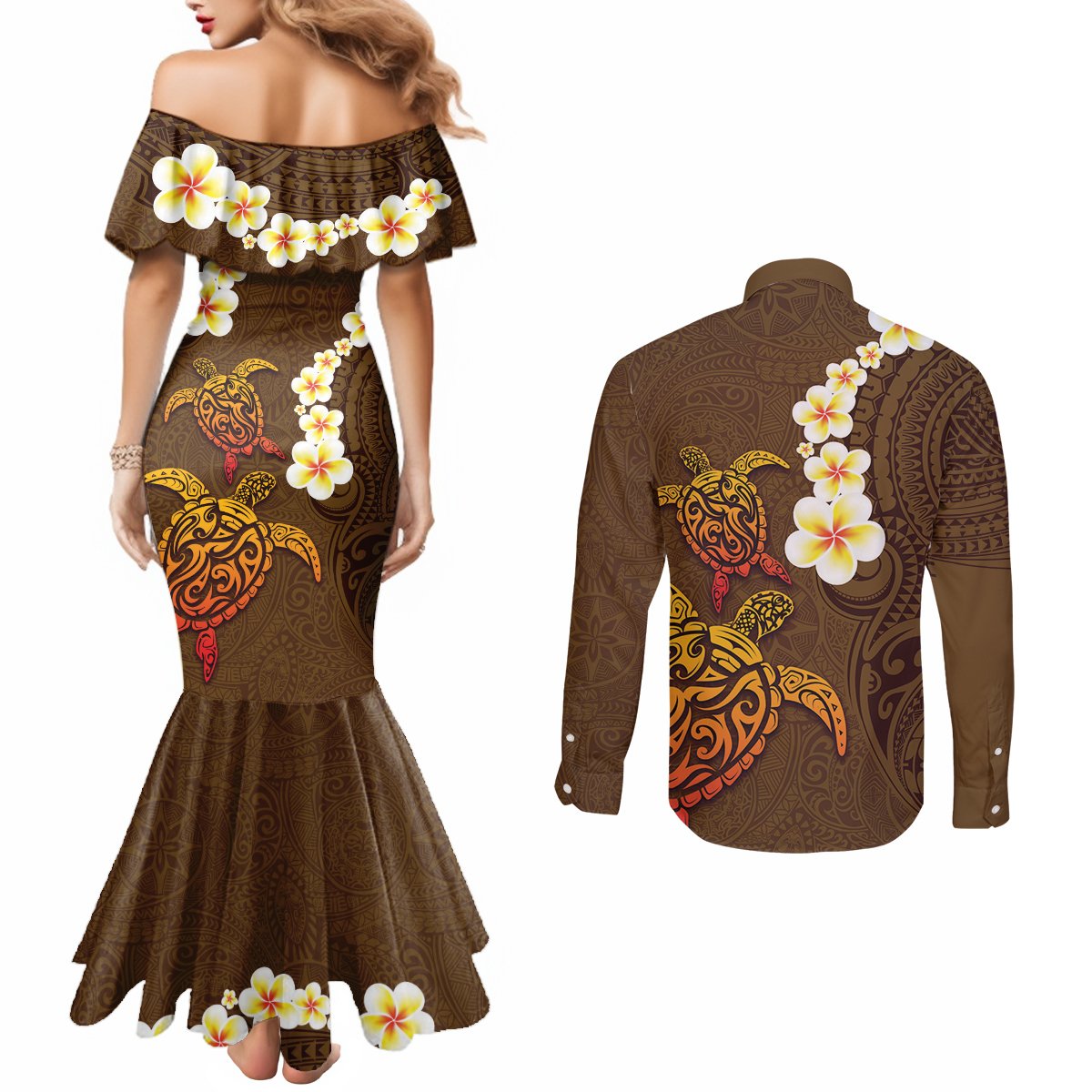 Hawaii Turtle Plumeria Flower Couples Matching Mermaid Dress and Long Sleeve Button Shirt Polynesian Pattern Brown Color