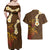 Hawaii Turtle Plumeria Flower Couples Matching Off Shoulder Maxi Dress and Hawaiian Shirt Polynesian Pattern Brown Color