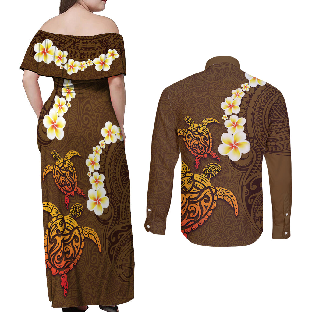 Hawaii Turtle Plumeria Flower Couples Matching Off Shoulder Maxi Dress and Long Sleeve Button Shirt Polynesian Pattern Brown Color