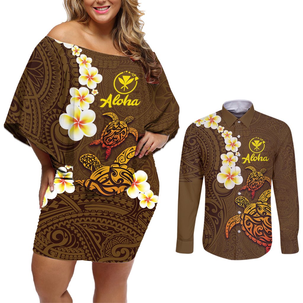 Hawaii Turtle Plumeria Flower Couples Matching Off Shoulder Short Dress and Long Sleeve Button Shirt Polynesian Pattern Brown Color