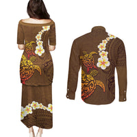 Hawaii Turtle Plumeria Flower Couples Matching Puletasi and Long Sleeve Button Shirt Polynesian Pattern Brown Color