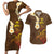 Hawaii Turtle Plumeria Flower Couples Matching Short Sleeve Bodycon Dress and Hawaiian Shirt Polynesian Pattern Brown Color