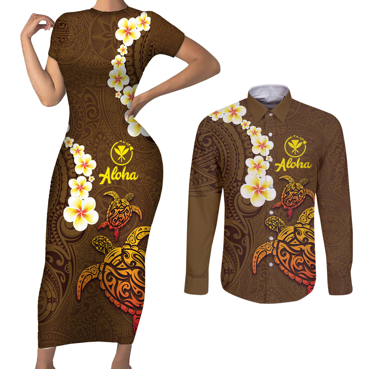 Hawaii Turtle Plumeria Flower Couples Matching Short Sleeve Bodycon Dress and Long Sleeve Button Shirt Polynesian Pattern Brown Color LT03 Brown - Polynesian Pride