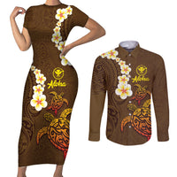 Hawaii Turtle Plumeria Flower Couples Matching Short Sleeve Bodycon Dress and Long Sleeve Button Shirt Polynesian Pattern Brown Color LT03 Brown - Polynesian Pride