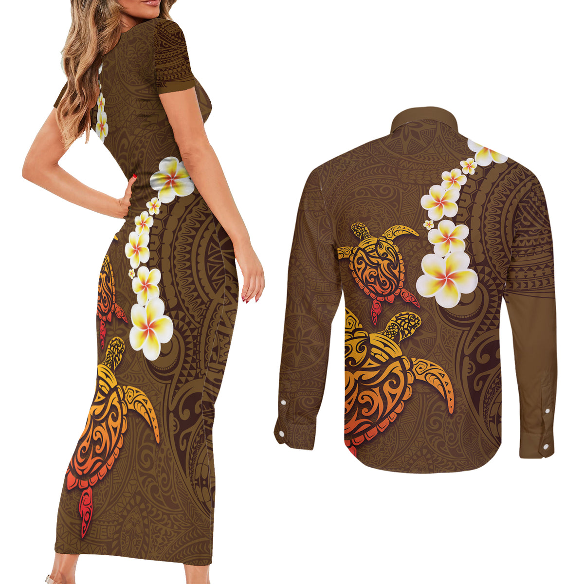 Hawaii Turtle Plumeria Flower Couples Matching Short Sleeve Bodycon Dress and Long Sleeve Button Shirt Polynesian Pattern Brown Color LT03 - Polynesian Pride
