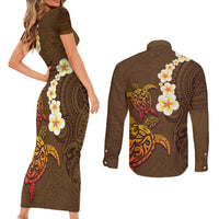 Hawaii Turtle Plumeria Flower Couples Matching Short Sleeve Bodycon Dress and Long Sleeve Button Shirt Polynesian Pattern Brown Color LT03 - Polynesian Pride