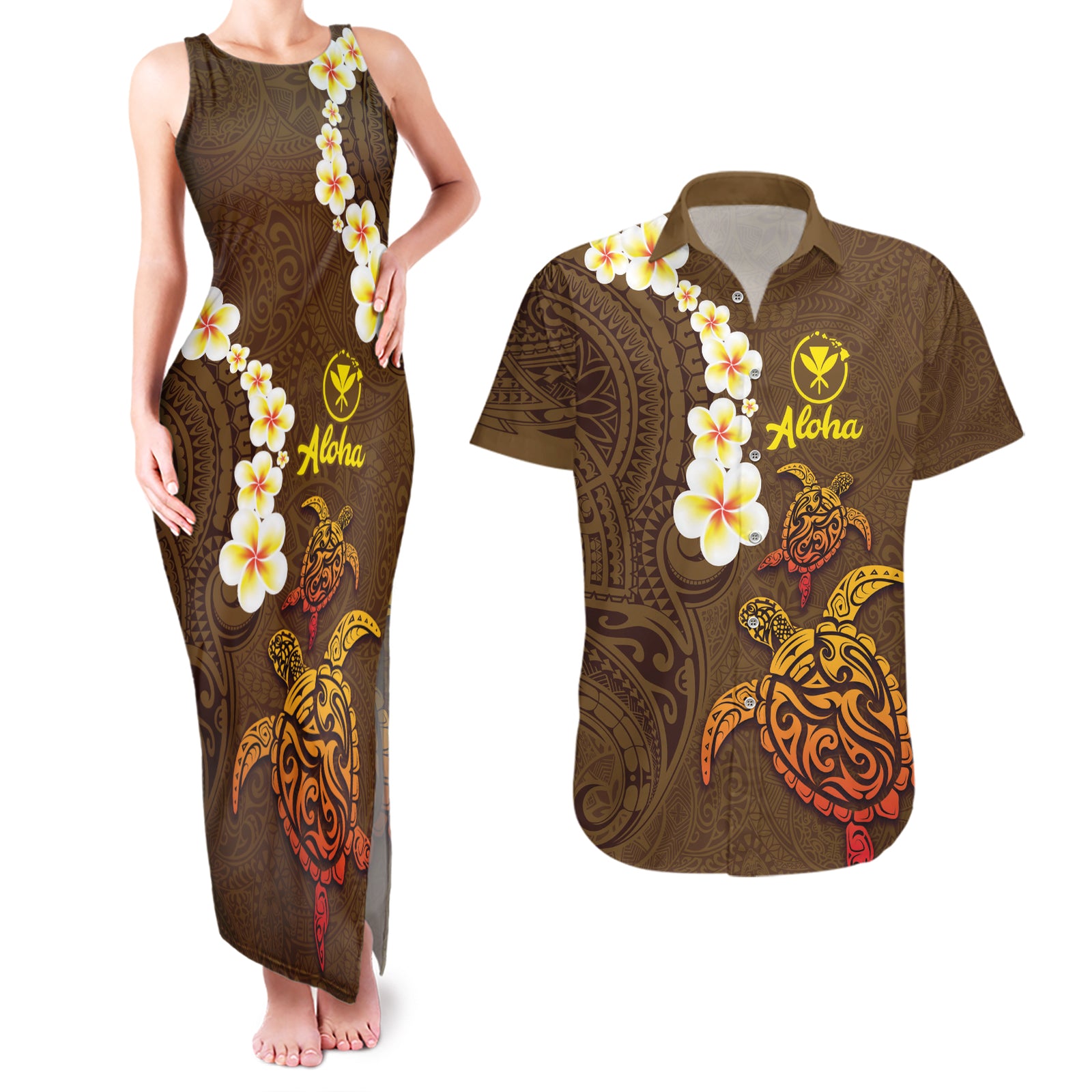 Hawaii Turtle Plumeria Flower Couples Matching Tank Maxi Dress and Hawaiian Shirt Polynesian Pattern Brown Color