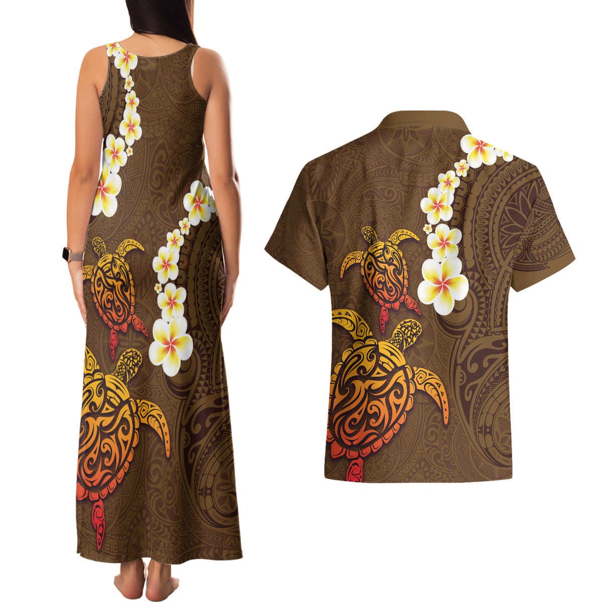 Hawaii Turtle Plumeria Flower Couples Matching Tank Maxi Dress and Hawaiian Shirt Polynesian Pattern Brown Color