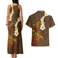 Hawaii Turtle Plumeria Flower Couples Matching Tank Maxi Dress and Hawaiian Shirt Polynesian Pattern Brown Color