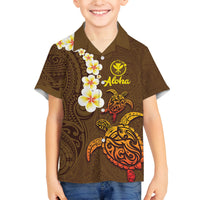 Hawaii Turtle Plumeria Flower Family Matching Long Sleeve Bodycon Dress and Hawaiian Shirt Polynesian Pattern Brown Color