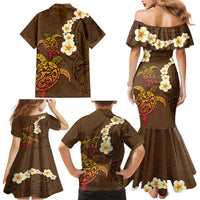 Hawaii Turtle Plumeria Flower Family Matching Mermaid Dress and Hawaiian Shirt Polynesian Pattern Brown Color