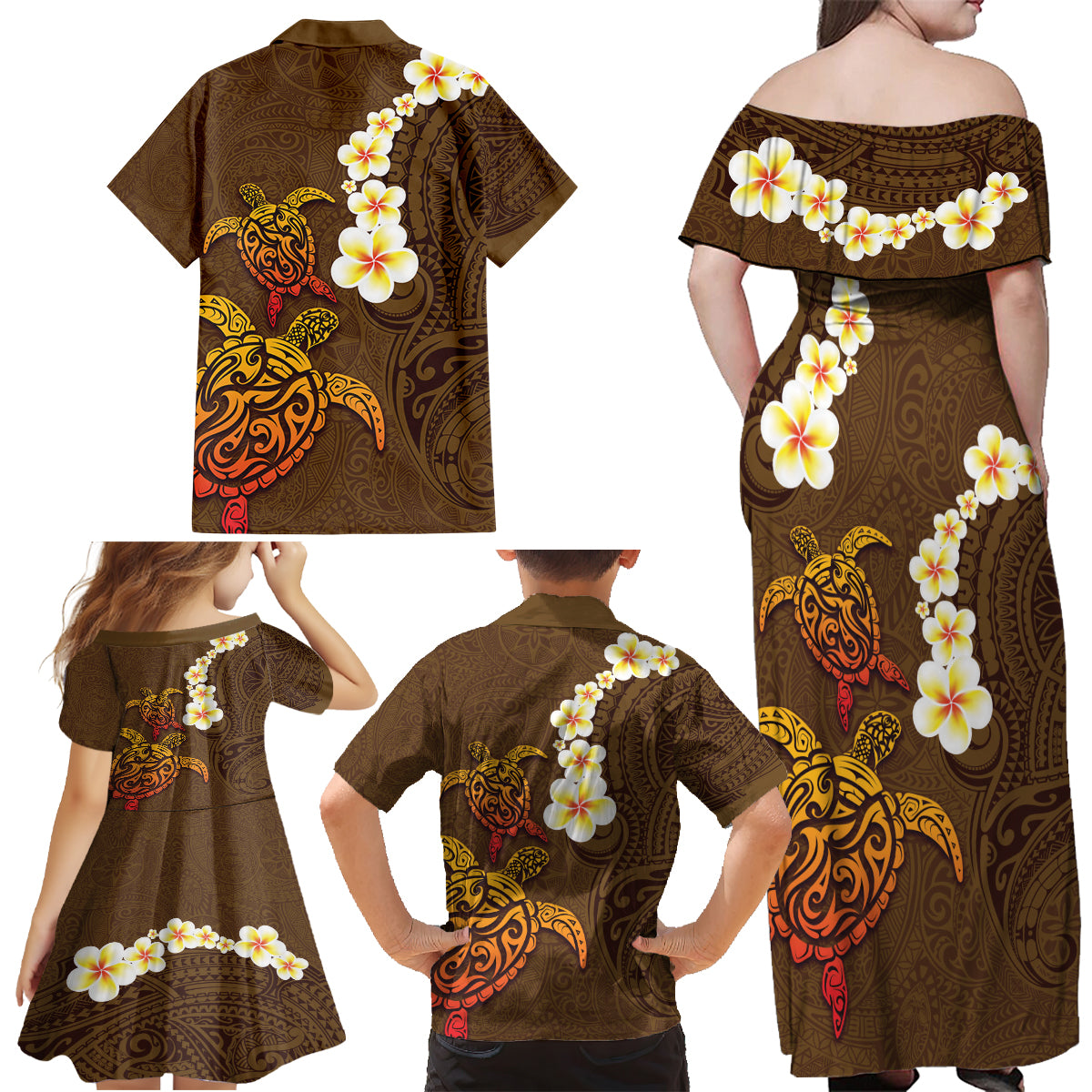 Hawaii Turtle Plumeria Flower Family Matching Off Shoulder Maxi Dress and Hawaiian Shirt Polynesian Pattern Brown Color LT03 - Polynesian Pride
