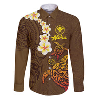 Hawaii Turtle Plumeria Flower Family Matching Off Shoulder Maxi Dress and Hawaiian Shirt Polynesian Pattern Brown Color LT03 Dad's Shirt - Long Sleeve Brown - Polynesian Pride