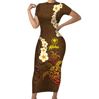 Hawaii Turtle Plumeria Flower Family Matching Short Sleeve Bodycon Dress and Hawaiian Shirt Polynesian Pattern Brown Color