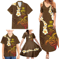 Hawaii Turtle Plumeria Flower Family Matching Summer Maxi Dress and Hawaiian Shirt Polynesian Pattern Brown Color LT03 - Polynesian Pride