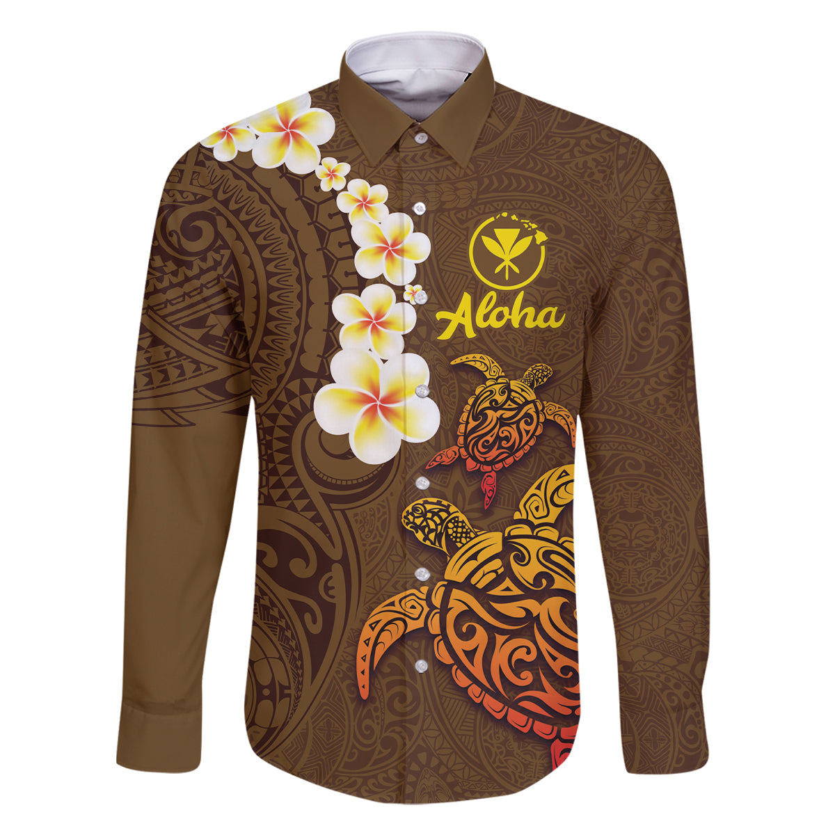 Hawaii Turtle Plumeria Flower Family Matching Summer Maxi Dress and Hawaiian Shirt Polynesian Pattern Brown Color LT03 Dad's Shirt - Long Sleeve Brown - Polynesian Pride