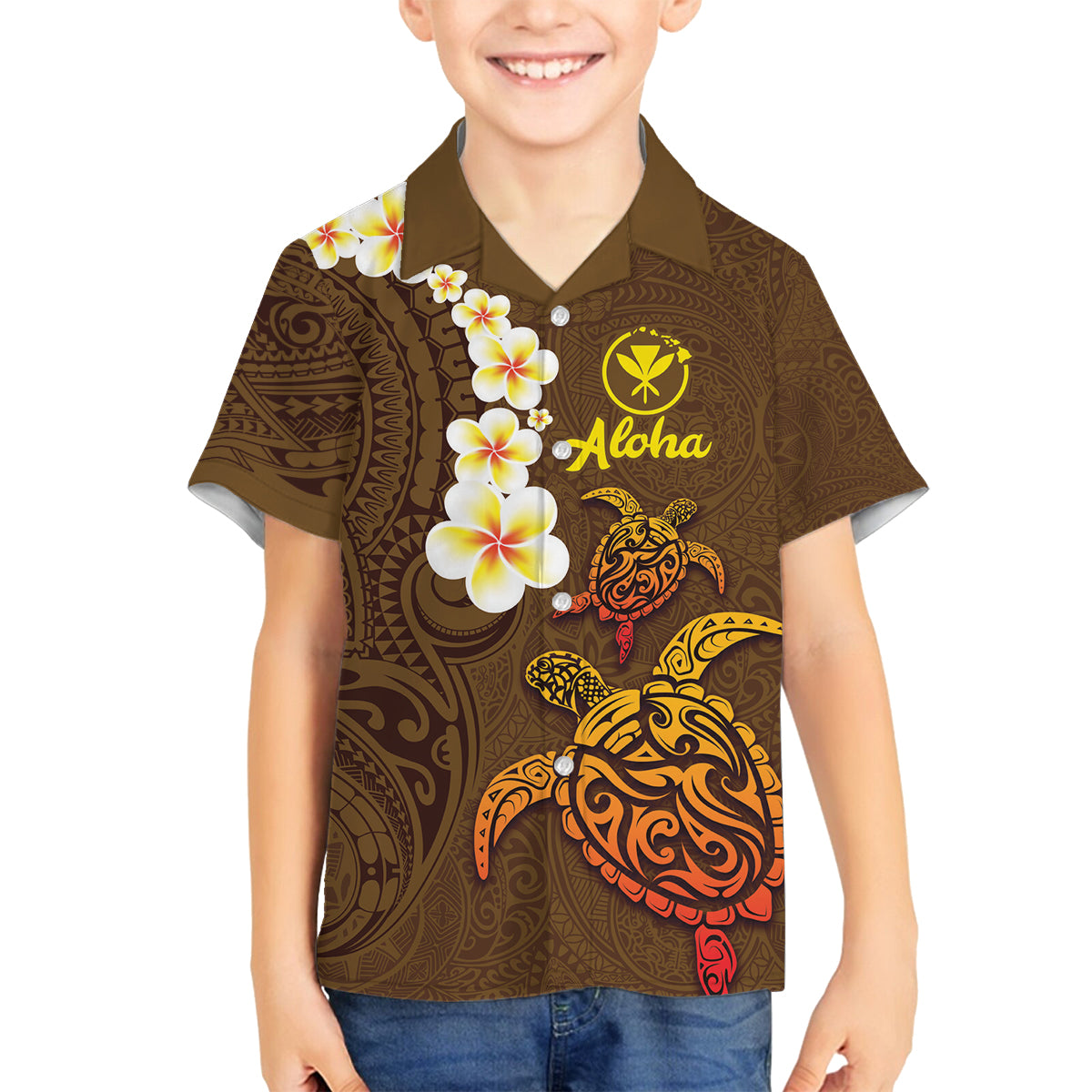 Hawaii Turtle Plumeria Flower Family Matching Summer Maxi Dress and Hawaiian Shirt Polynesian Pattern Brown Color LT03 Son's Shirt Brown - Polynesian Pride