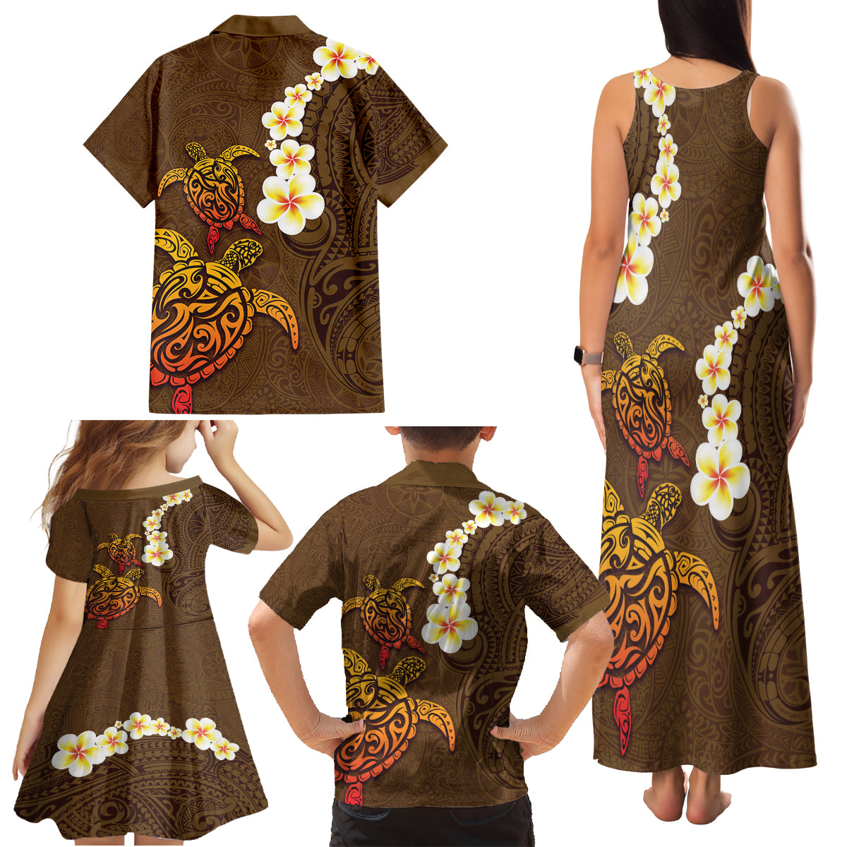 Hawaii Turtle Plumeria Flower Family Matching Tank Maxi Dress and Hawaiian Shirt Polynesian Pattern Brown Color