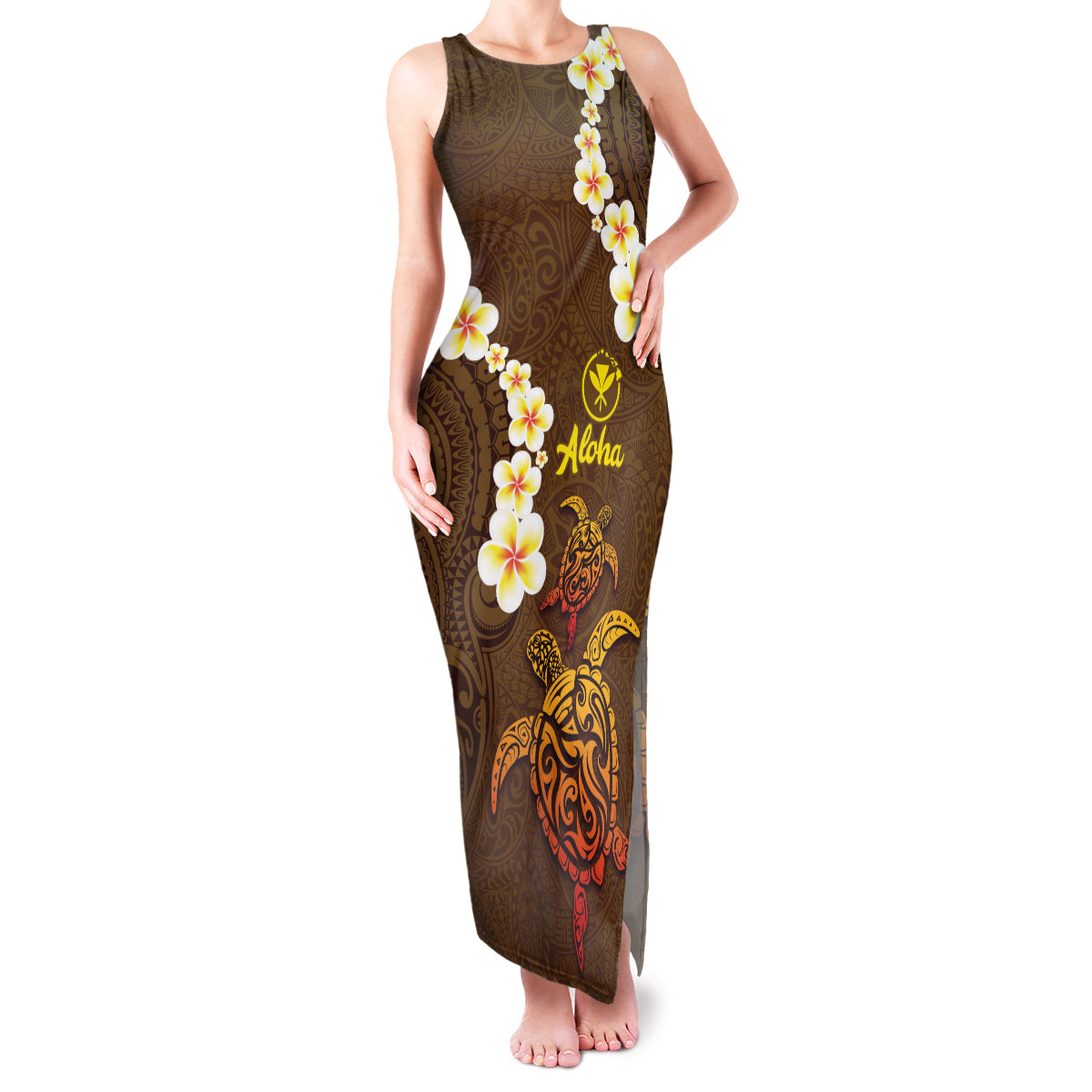Hawaii Turtle Plumeria Flower Family Matching Tank Maxi Dress and Hawaiian Shirt Polynesian Pattern Brown Color