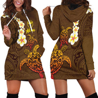 Hawaii Turtle Plumeria Flower Hoodie Dress Polynesian Pattern Brown Color