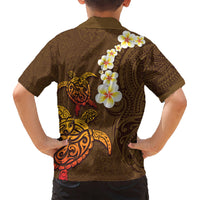 Hawaii Turtle Plumeria Flower Kid Hawaiian Shirt Polynesian Pattern Brown Color