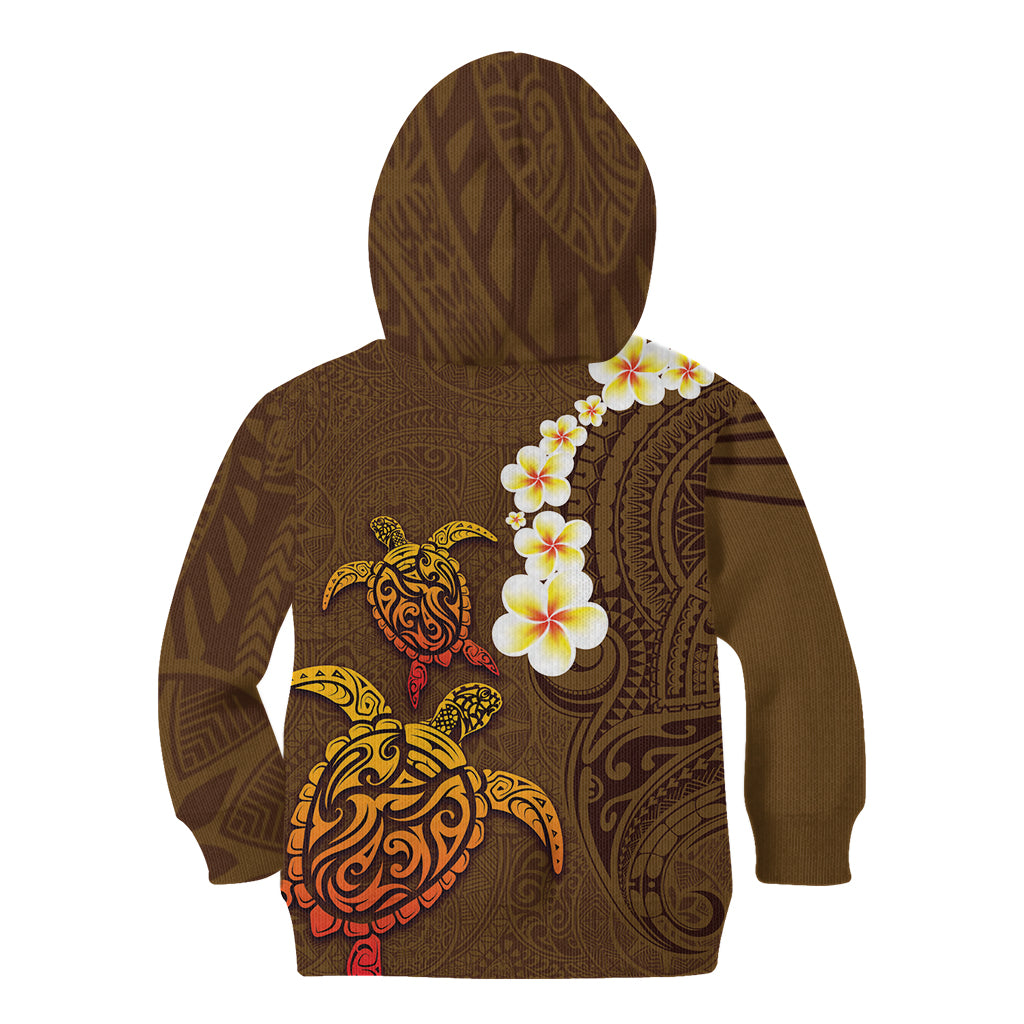 Hawaii Turtle Plumeria Flower Kid Hoodie Polynesian Pattern Brown Color