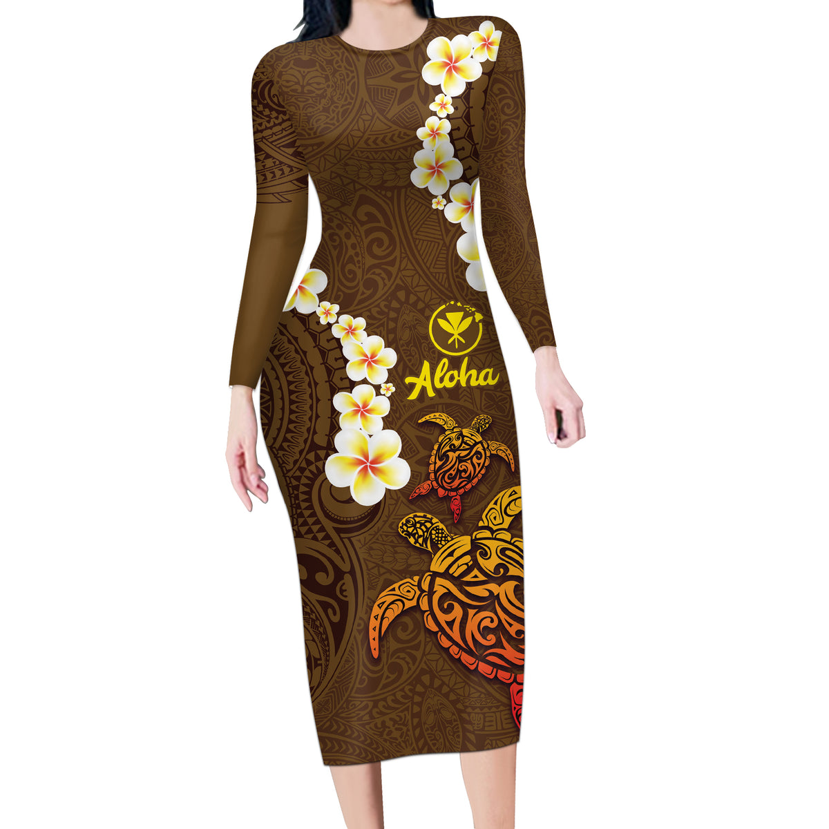 Hawaii Turtle Plumeria Flower Long Sleeve Bodycon Dress Polynesian Pattern Brown Color