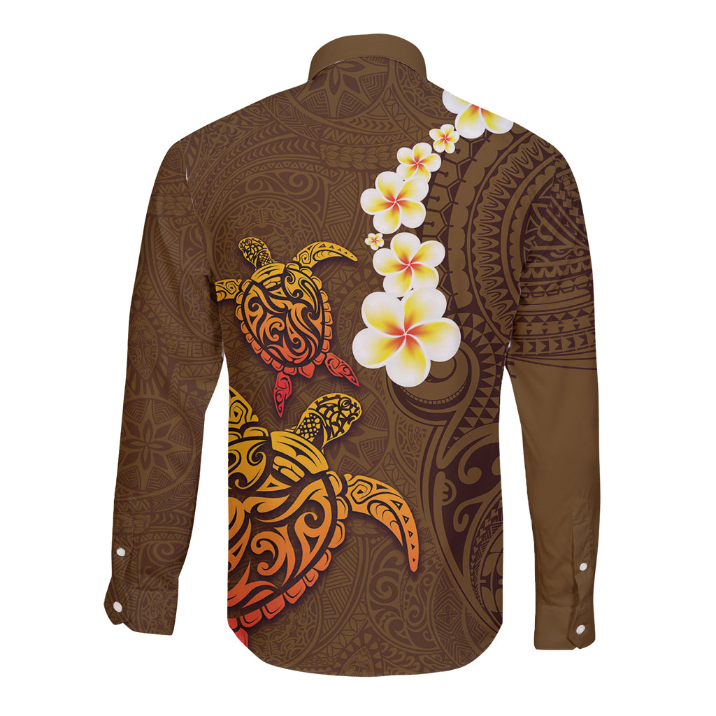 Hawaii Turtle Plumeria Flower Long Sleeve Button Shirt Polynesian Pattern Brown Color