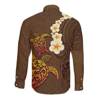 Hawaii Turtle Plumeria Flower Long Sleeve Button Shirt Polynesian Pattern Brown Color