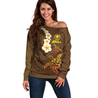 Hawaii Turtle Plumeria Flower Off Shoulder Sweater Polynesian Pattern Brown Color