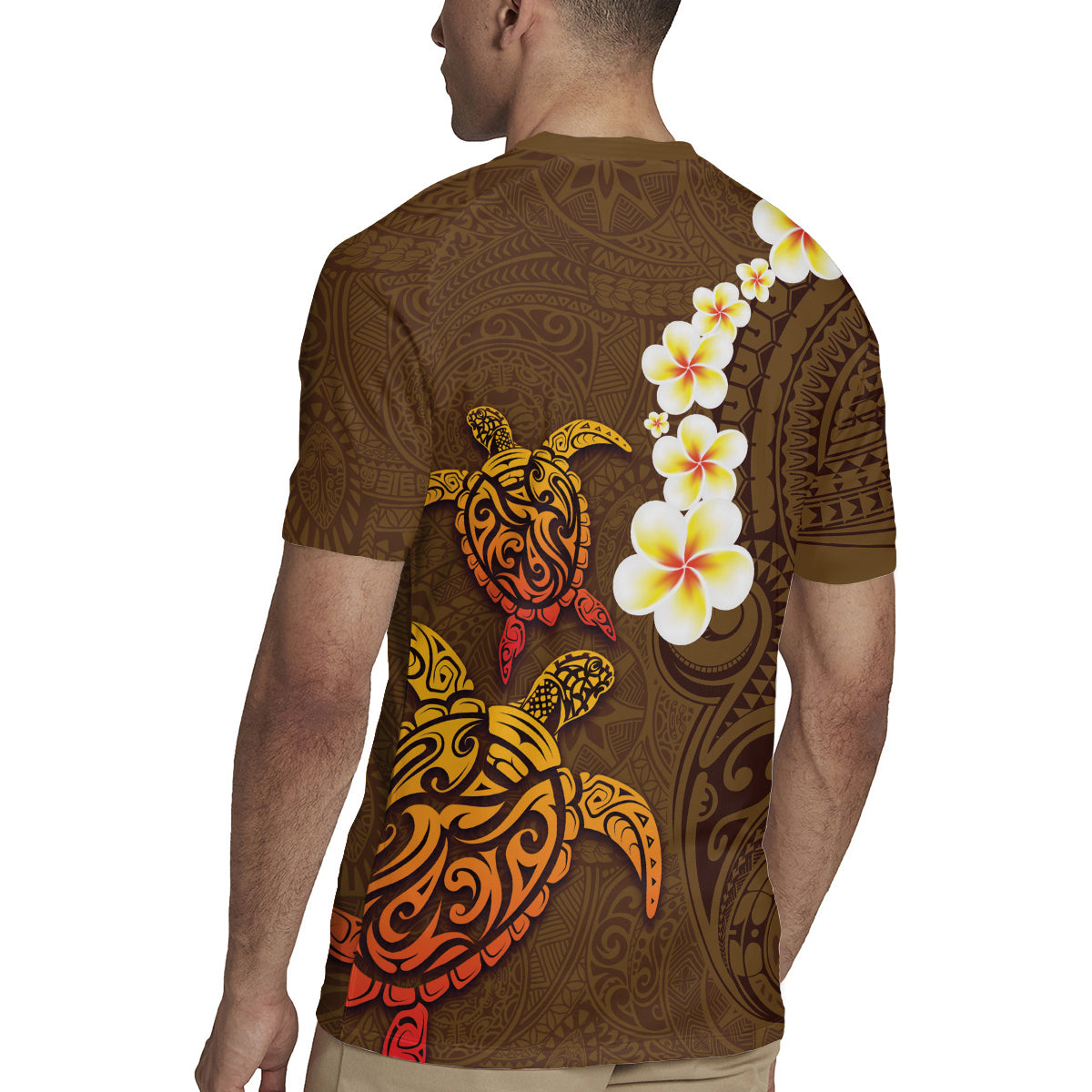 Hawaii Turtle Plumeria Flower Rugby Jersey Polynesian Pattern Brown Color